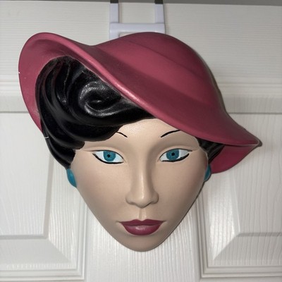 Vintage Art Deco Lady Wall Mask Hat Glam Face Plaque Retro Hollywood Regency