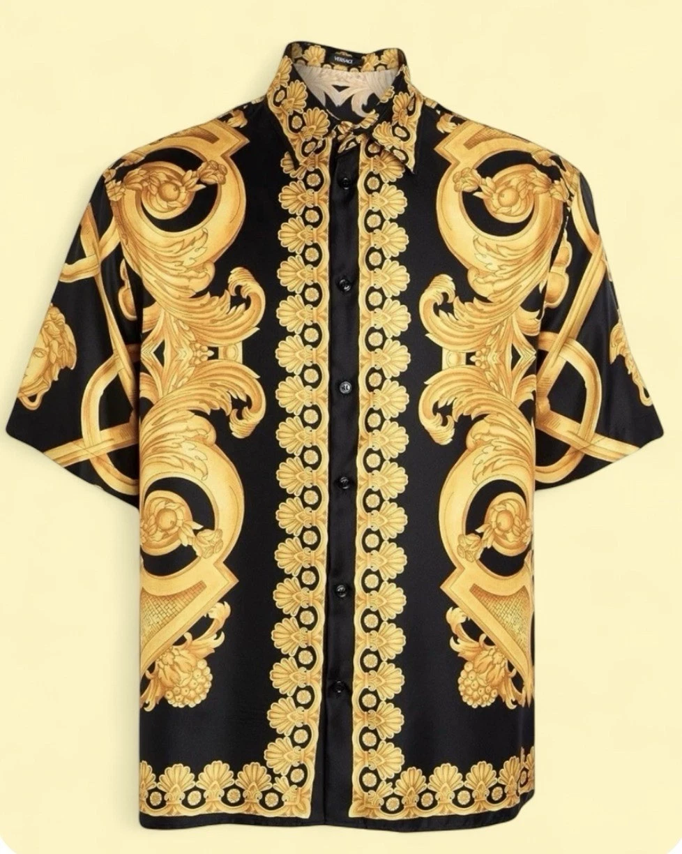 Versace — Versace Heritage Silk Short Sleeve Shirt Black & Gold Size EU 48 US M NWT