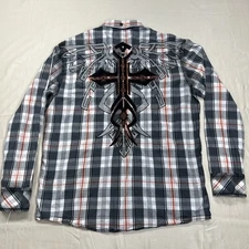 Roar Signature Embroidered Button-up Shirt Gray Orange Black Tribal Plaid Men XL