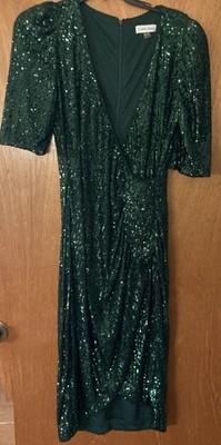 Calvin Klein Emerald Green Sequined Sheath Dress Faux Wrap Puff Sleeves Size 8
