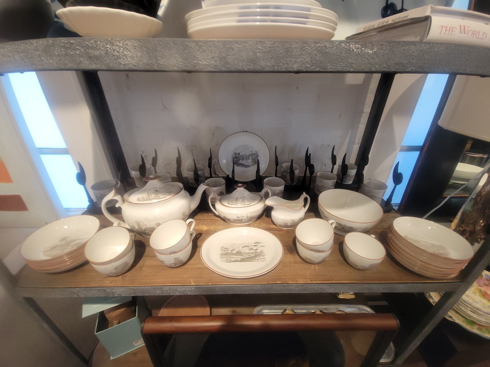 41-Pc 19th C. British Bat-Printed Porcelain Dish Set by Spode w/ Display Stands