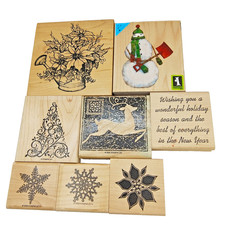Rubber Stamp Craft Lot of 8 Wood Mounted Christmas Holiday Snowman Snowflake