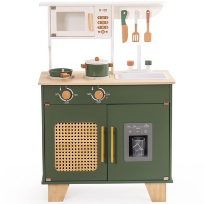 ROBUD Vintage Wooden Kids Kitchen Playset w/ Ice Dispenser, Pretend Food, Utensi
