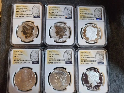 2023 Morgan and Peace Silver Dollar 6 Coin Set NGC MS70 PF70 Reverse Proof