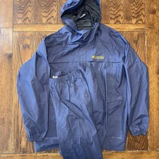 Vintage Columbia Mens Medium PVC Rain Storm Waterproof Blue Jacket & Pants Set