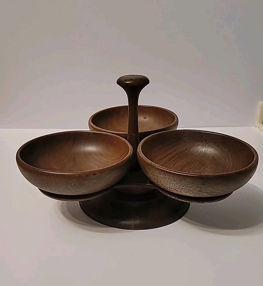 Quality wooden spinning nibbles tray black walnut USA lazy susan mid-century - Image 2 of 4