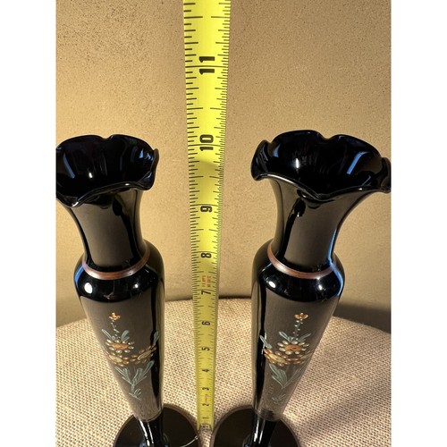 (2) Vintage Tiffin Glass Ebony Black Glass Floral Decorated Bud Vases 10" - Picture 5 of 12
