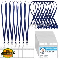 100 Name Tag Lanyards, Navy Blue, Clear Plastic Holder