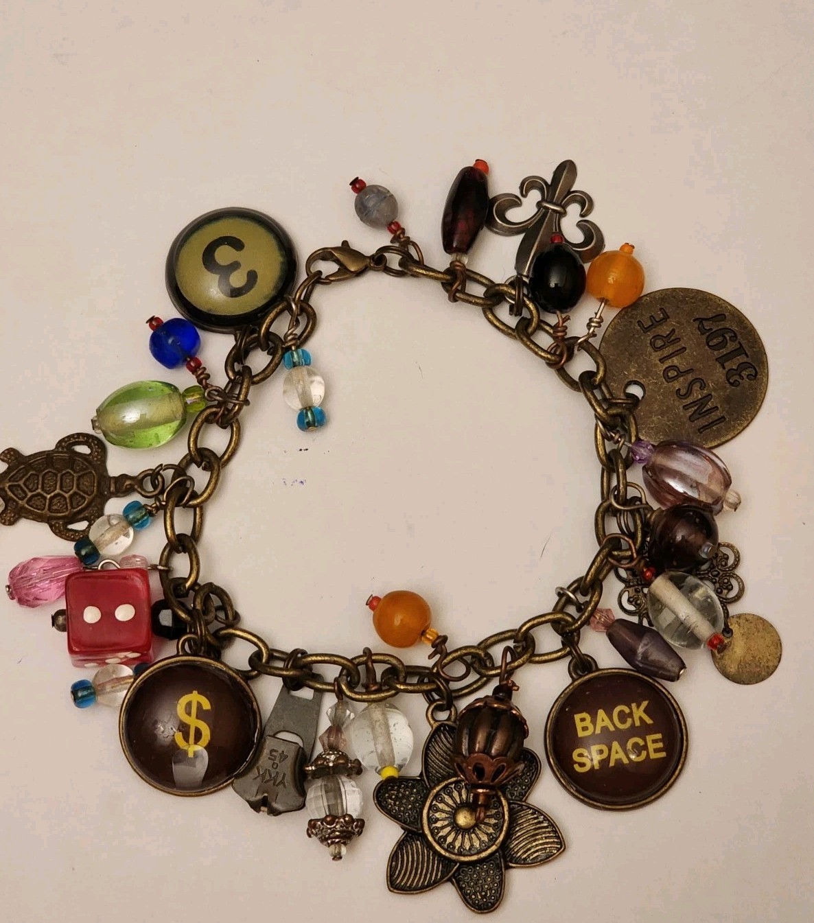 Handmade Found Objects Charm Bracelet, Dice, Type… - image 1