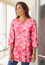 Woman Within Plus Size Perfect Printed Three-Quarter-Sleeve V-Neck Tunic