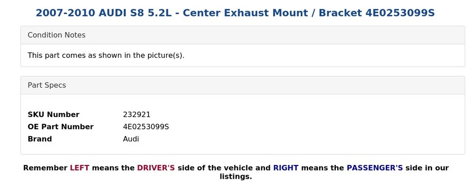 AUDI S8 2007-2010 5,2 L - montaje/soporte de escape central 4E0253099S Foto 3 de 4