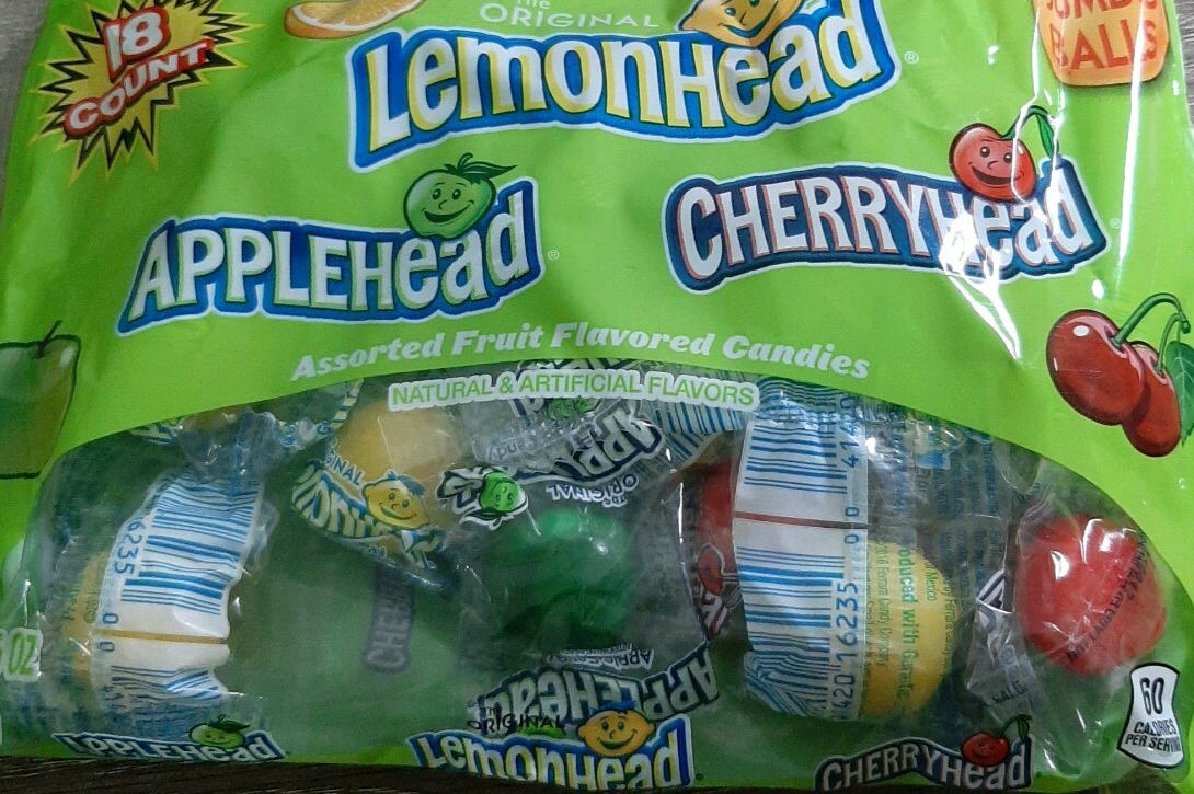 1 Bag of Lemonhead Candy Jumbo Balls.Lemon, Apple,and Cherry Head