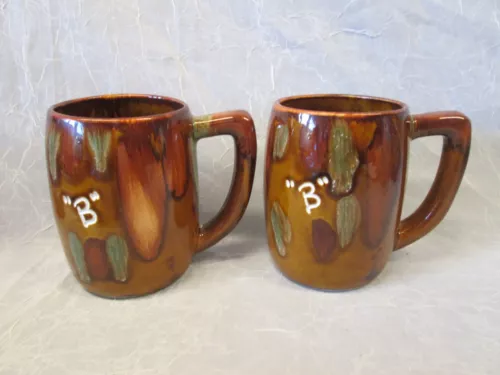 Set 2 DRYDEN POTTERY B Initial Coffee Mug Cup Drip Glaze Hot Springs Arkansas