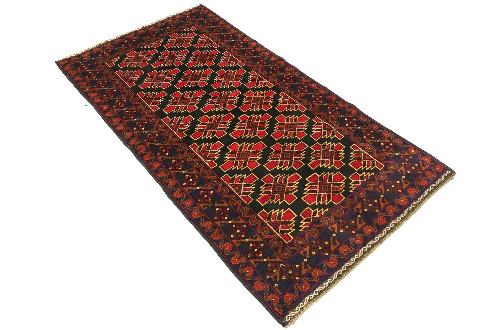 Afghan Belutsch Baluch Teppich Handgeknüpft 100x190 Schwarz Durchgemustert