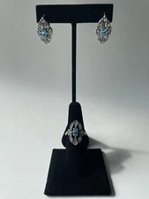 Vintage Art Deco-style Sterling Silver Blue & White faceted Paste Ring &Earrings