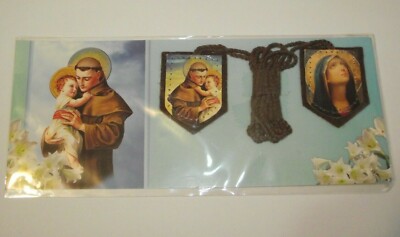 Brown cloth scapular medal Virgin Mary St Anthony Saint of Miracles prayer card