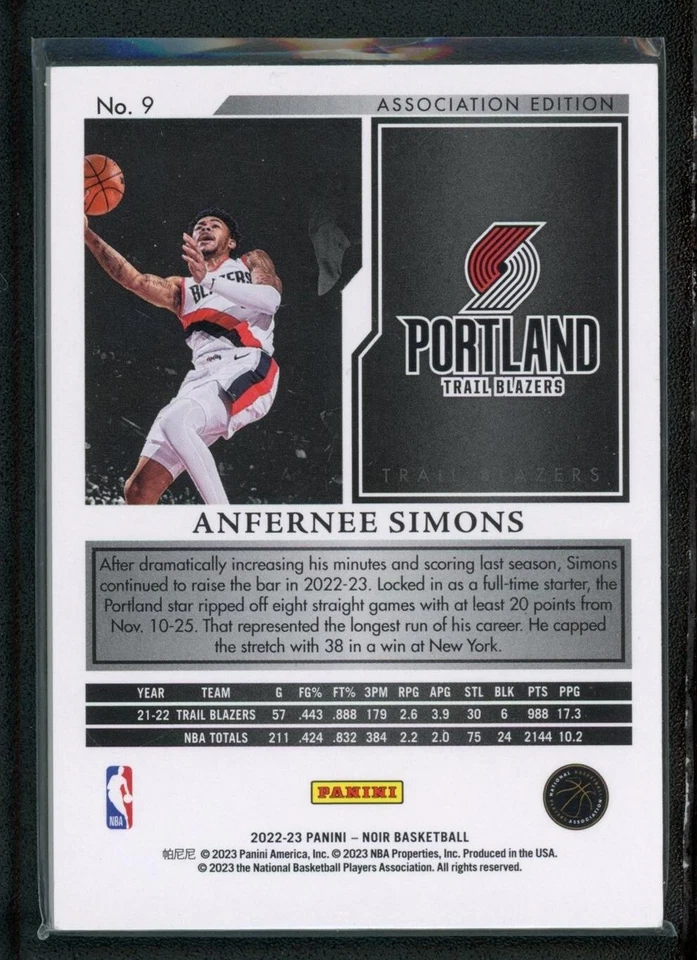 2022-23 ANFERNEE SIMONS 15/49 PANINI NOIR ASSOCIATION EDITION - Image 2 of 2