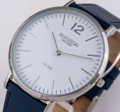 Madison NEW YORK SLIM HERREN UHR blau-weiß Lederarmband NEU. M42