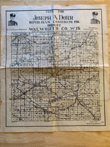 Vintage 1936 Mapa Walworth County WI Głosowanie na Josepha A. Dorra na szeryfa - Zdjęcie 1 z 4