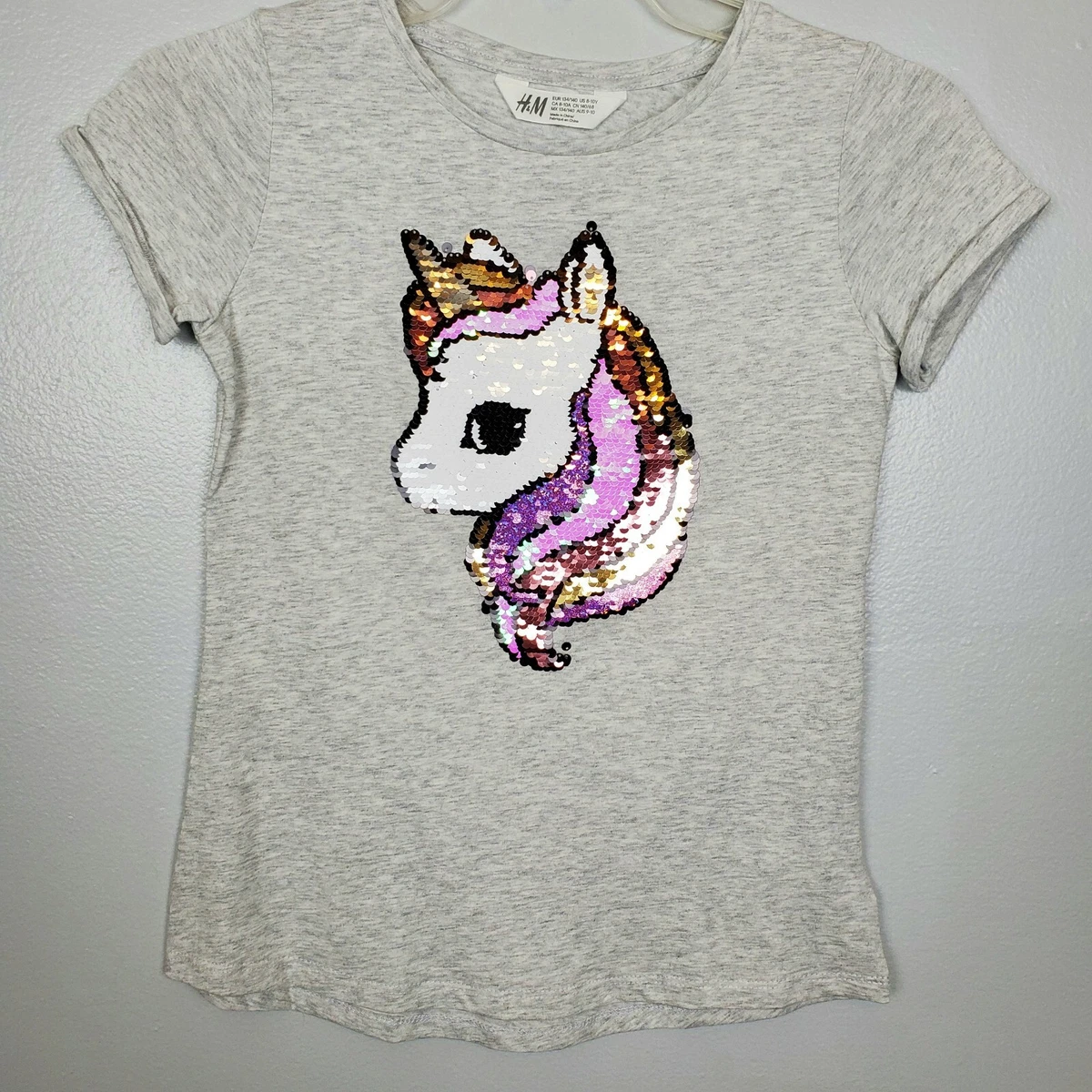 Girls H&M Reversible Sequin Unicorn Tee T-Shirt Sz M 8/10 Grey Gray Cotton  EUC