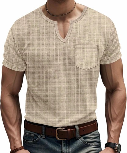 Men's Linen Henley Shirts Casual V Neck Blouses Tops Beach Hippie Shirts - Picture 31 of 60