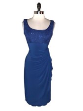 ALEX EVENINGS Sz 8 Sheath Dress Blue Stretch Knit Sleeveless Floral Sparkle Lace