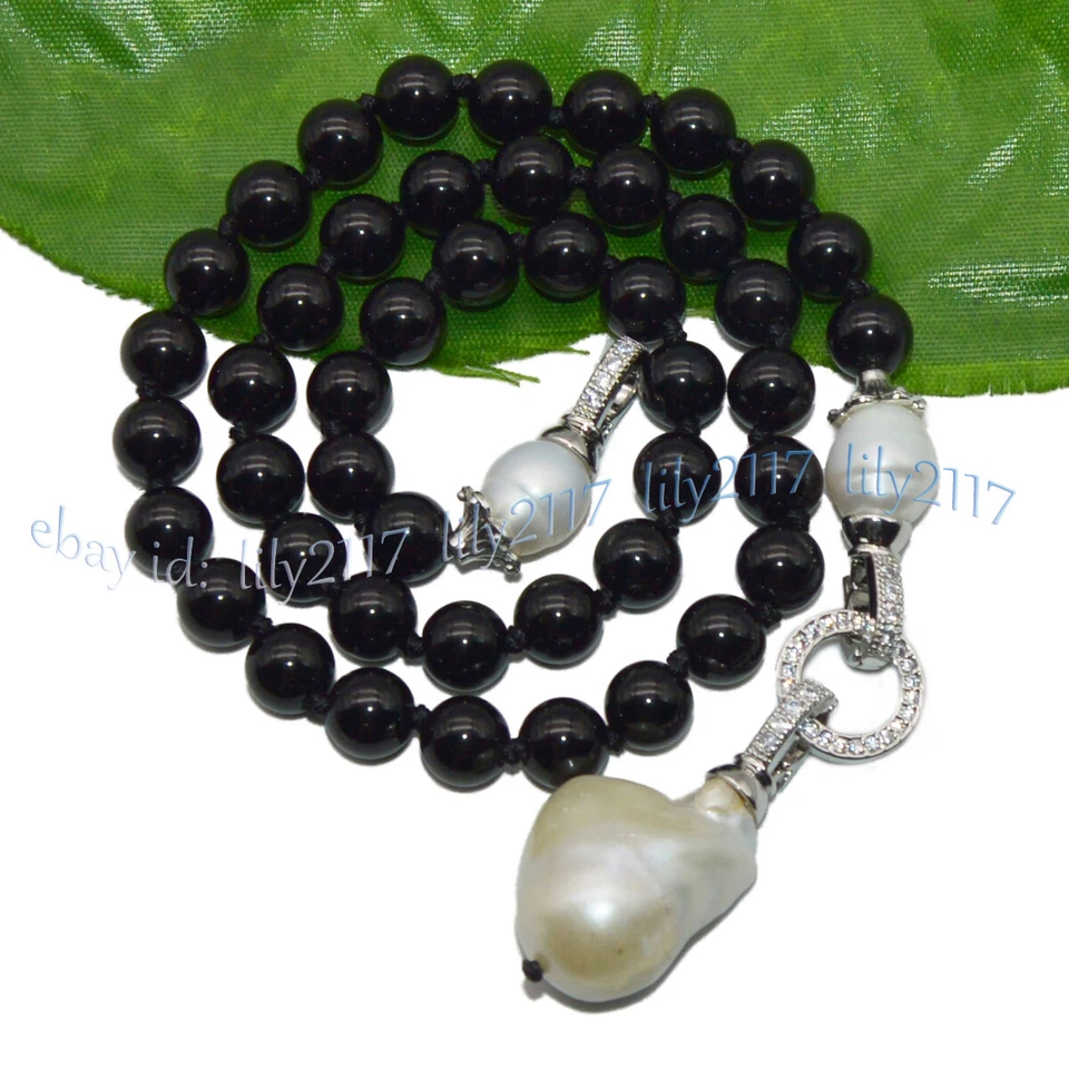 6/8/10/12 毫米黑色玛瑙宝石天然白色克西巴洛克珍珠吊坠项链 — 第 4/4 张图片