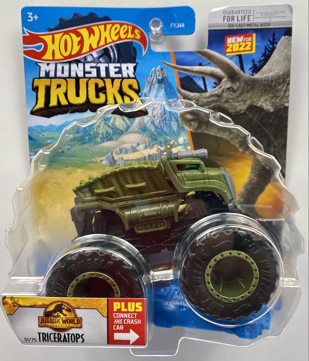 Hot Wheels Monster Truck JURASSIC WORLD TRICERATOPS 1:64 Connect Crash Car  2022