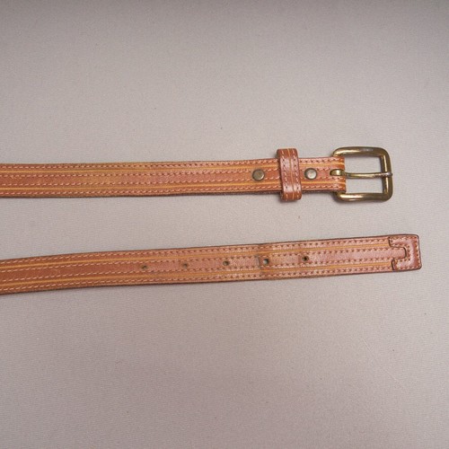 Vintage Brown Leather Belt Mens 33 Top Stitching Brass Buckle 7/8 Ins Wide - Picture 3 of 13