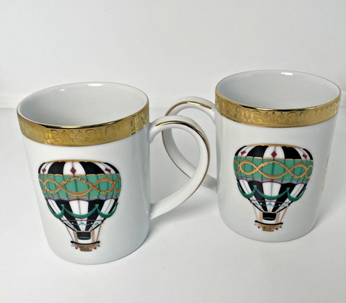 2 Gold Buffet Royal Gallery Balloon Mugs Green White Gold Trim Vintage 1991 - Picture 3 of 9
