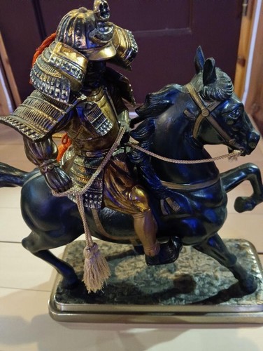 Vintage Japanese Samurai Horse Rider Figurine Armor Helmet Black Green Decor - Picture 8 of 9
