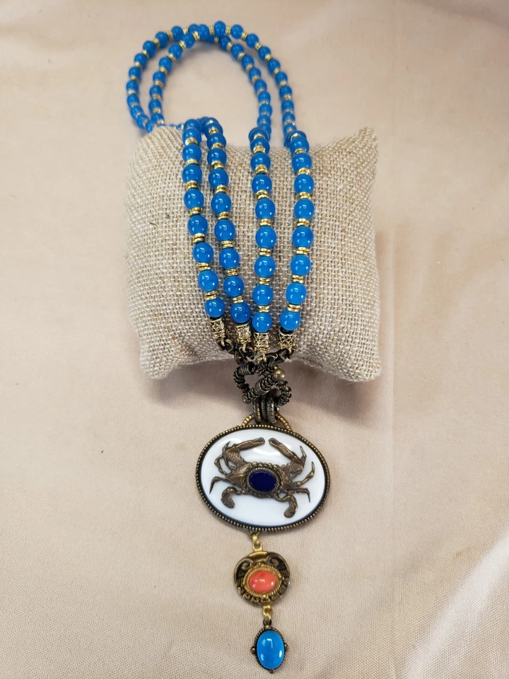 Patrice Blue Beads Crab Pendant Toggle Necklace Sea Life - Image 4 of 4