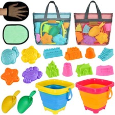 Collapsible Beach Sand Toys for Kids - Travel with 2 Buckets Mesh Bags, Castle