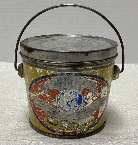Vtg Ridenour Baker Grocery Kansas City Mo. Peanut Butter Bucket Tin Mini 3 1/2”