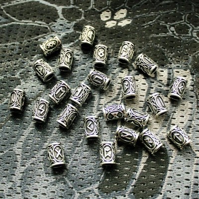 24 Runen Set Bartschmuck  Wikinger Vikings Bartperlen Mittelalter Beads^