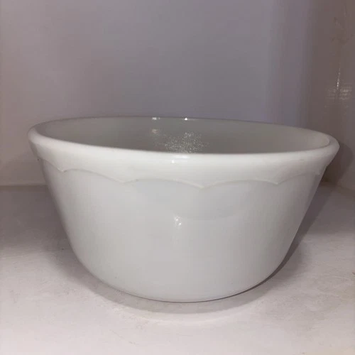 Vintage Hazel 8" Atlas White Milk Glass Mixing Bowl With Scalloped Band Edge EUC