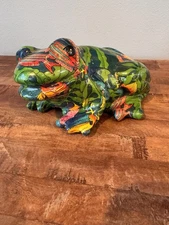 Patchwork Decoupage Frog Art Deco Porcelain Sea Tropical Design Figure 8x4” VTG