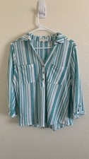Tea, Please Teal White Striped Collared Button-Up Tunic 3/4 Sleeve Size M