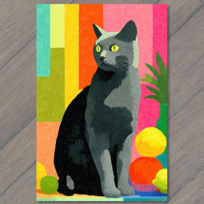 #ad POSTCARD Black Gray Cat Color Blocks Neon Pop Whimsy Bright Retro $6.65