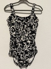 Lands' End Black regular tug-less soft cup scroll pattern swimsuit Size 12
