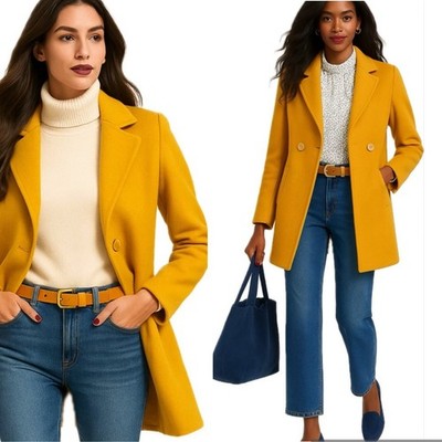 NWOT More & More Mustard Yellow Wool Blend Mid Length Chic Coat| European Brand