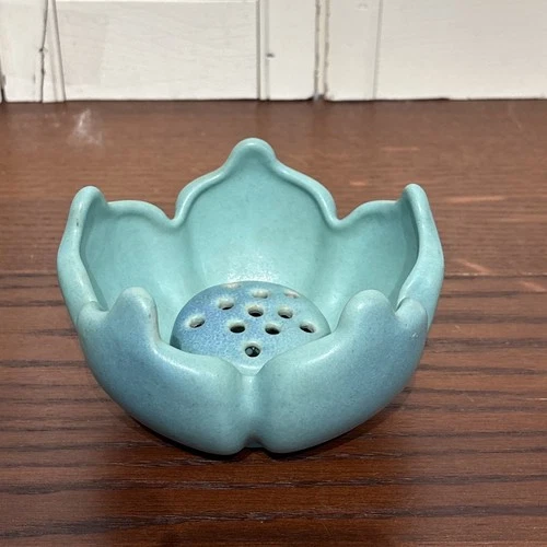 Vintage Van Briggle Art Pottery Ming Blue Lotus Bowl with Flower Frog Colo USA