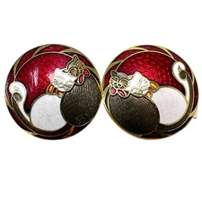 Vintage Gold Tone Cloissonne Style Red Enamel White Brown CATS Clip Earrings
