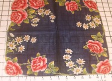 VTG Handkerchief Square Navy Blue Roses Summer Floral 14" Hanky Rolled Hem