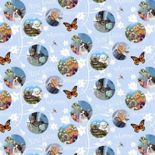 Feline Drive Fabric KITTENS IN THE GARDEN Cats in Circles Blue Sold by the Yard