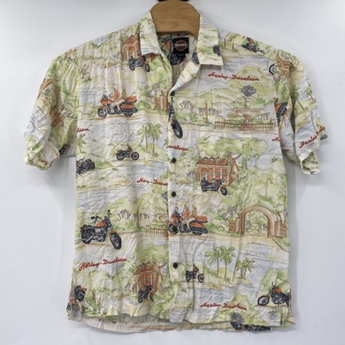 Harley Davidson Men's Large Hawaiian Biker Graphic Short Sleeve Button Shirt - Picture 2 of 4