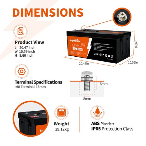 AmpereTime 12V 400Ah LiFePO4 Lithium Battery 5120Wh for Home Solar Off-grid-Used - Picture 2 of 7