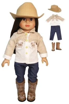 DOLL TOY BOX Doll Clothes 18" Western Pants Outfit Blouse White Horse Boots Hat Fit 18" Dolls