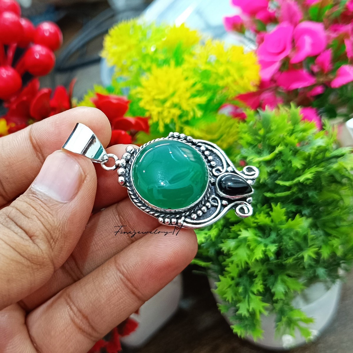 Green Onyx Gemstone Pendant 925 Sterling Silver Handmade