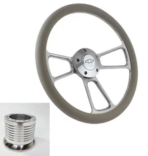 14" Polished Billet Steering Wheel (Grey Wrap, Chevy Horn Button & Adapter A17)